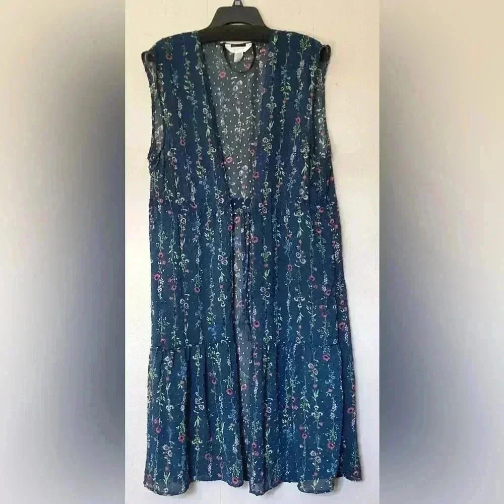 NWOT LC By Lauren Conrad Linear Botanical Long Vest One Size Navy Blue Floral